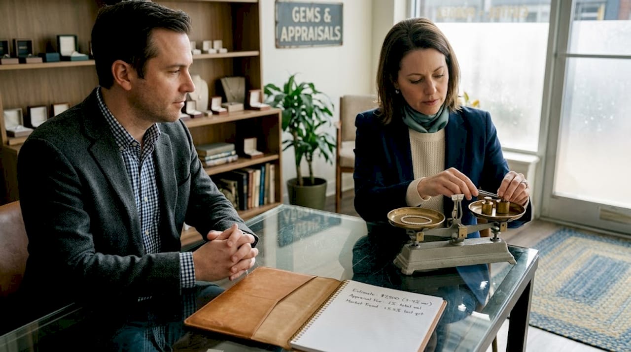 Appraiser weighing necklace as client watches