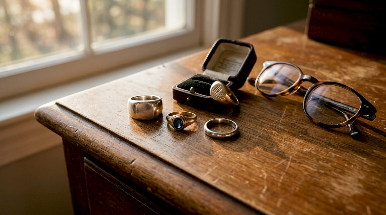Variety of men’s rings displayed on dresser
