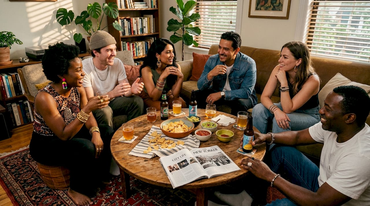 Group wearing statement jewelry at home