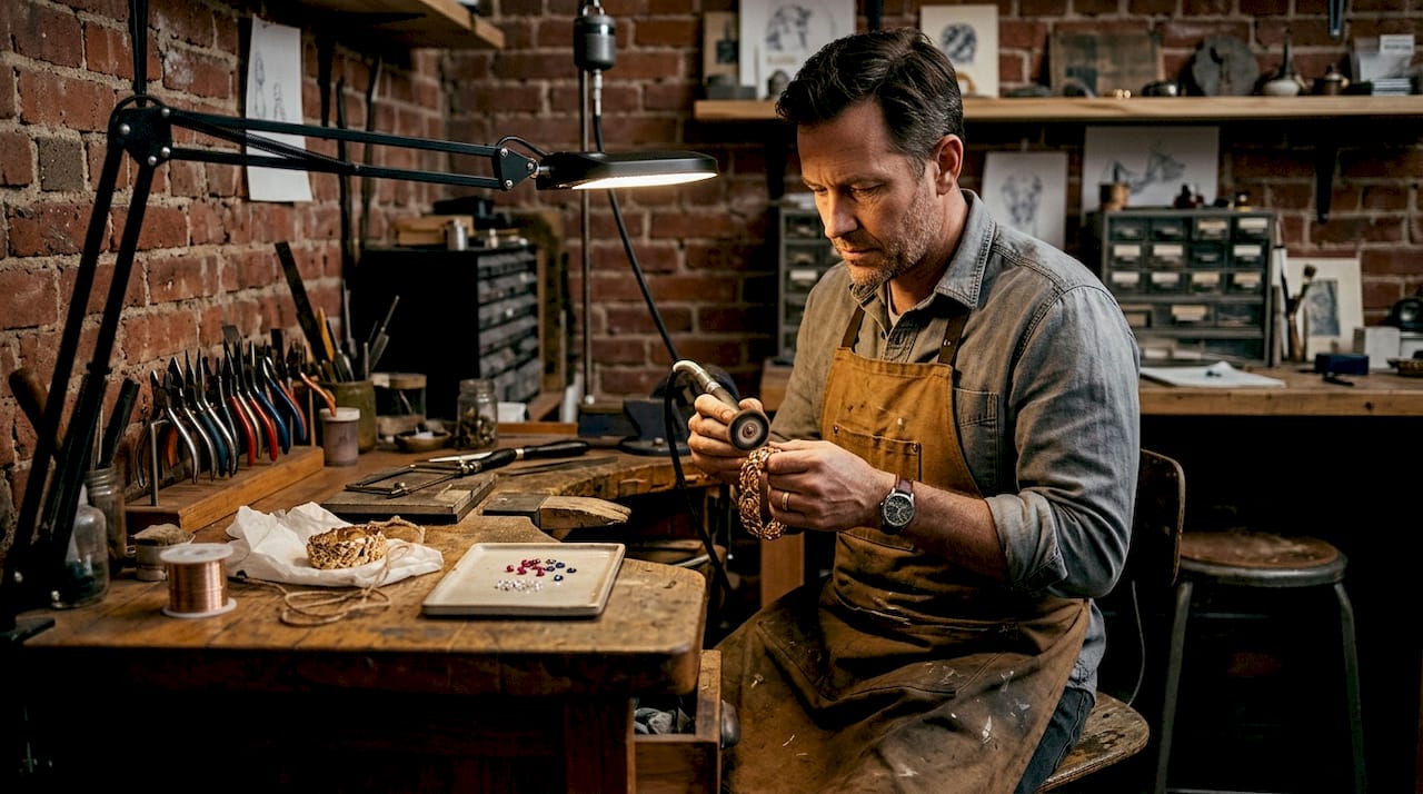 Jeweler polishing retro gold bracelet in studio