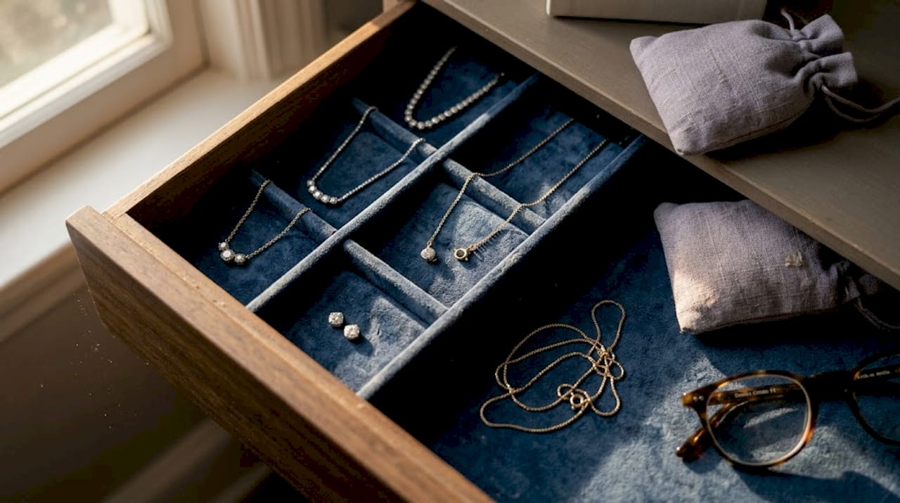 Drawer with neatly stored diamond necklaces