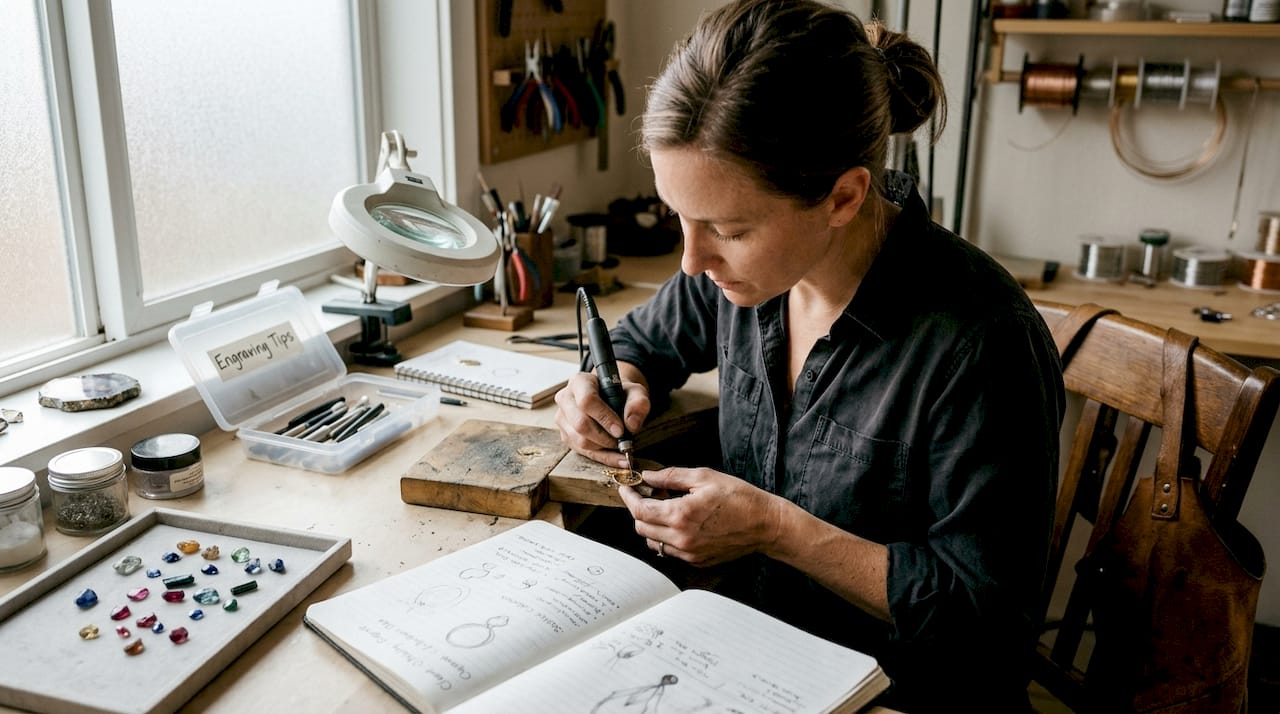 Engraving jewelry in craftsman studio