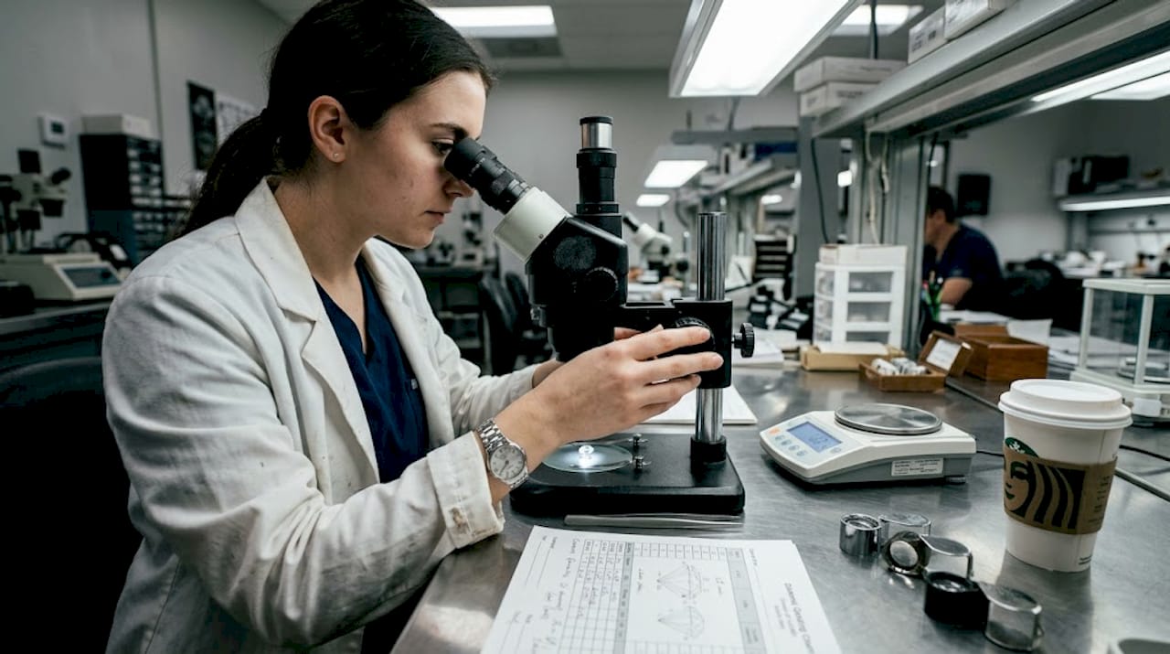 Technician examines diamond with microscope in lab