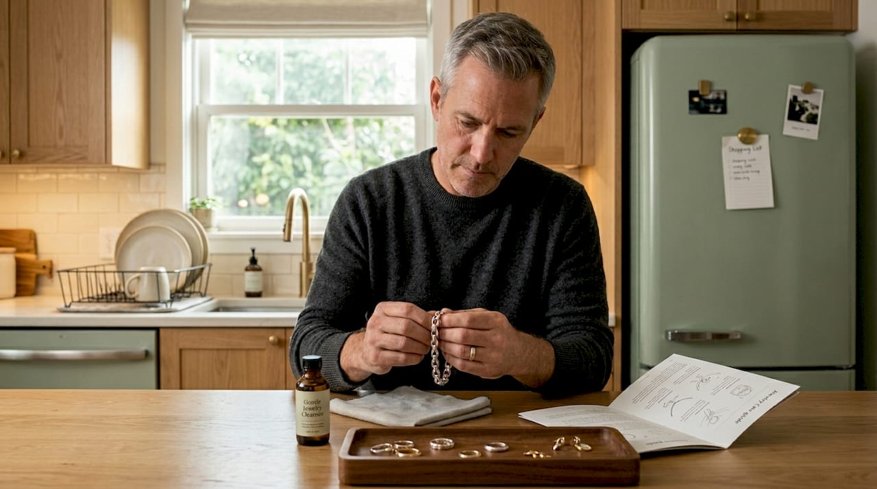 Man cares for jewelry at kitchen counter
