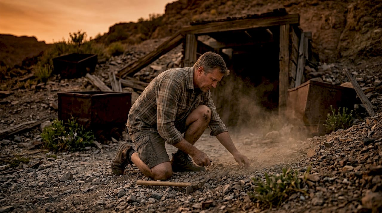Person at historic gemstone mine at sunrise