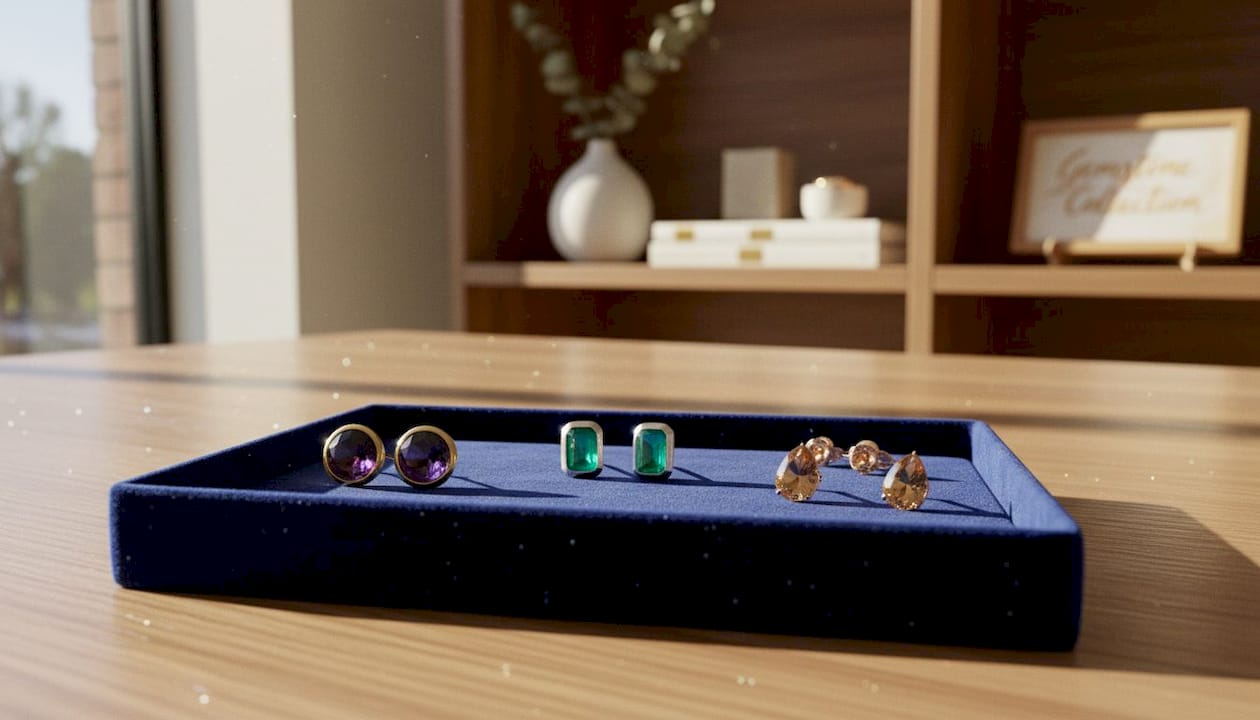 Gemstone earrings in bezel flush prong settings