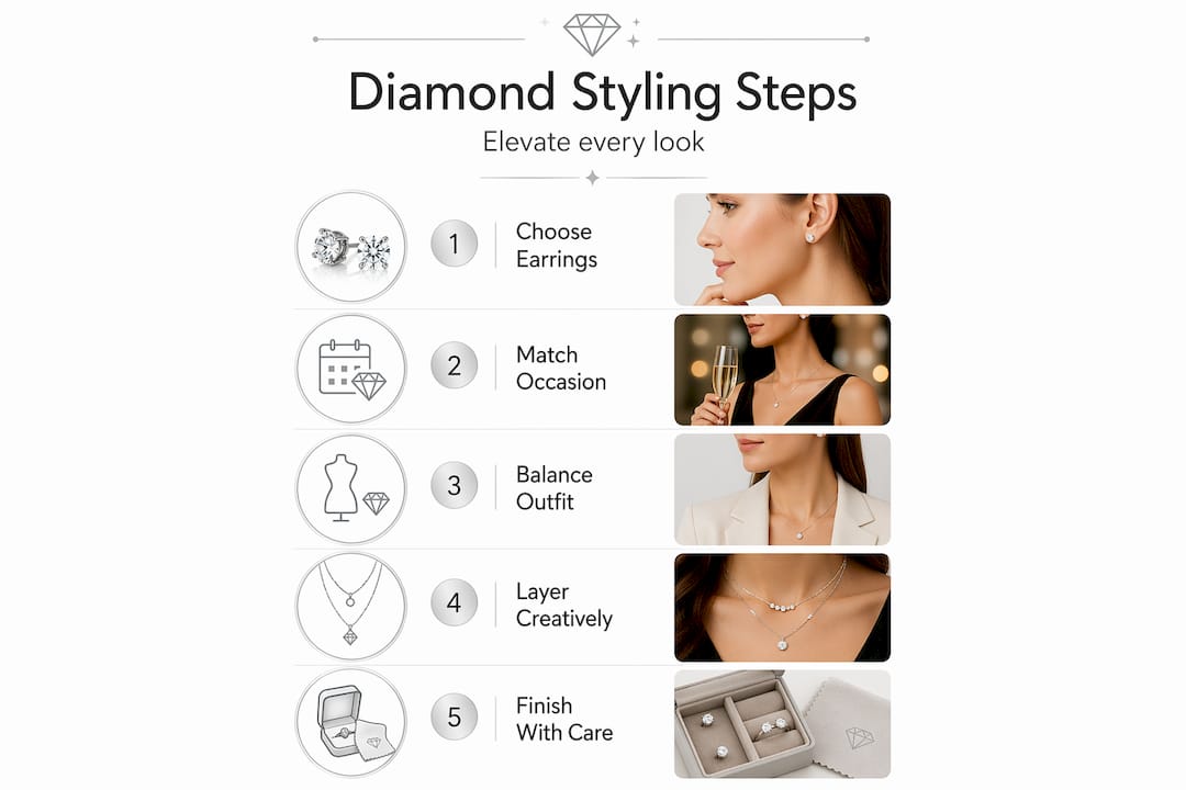 Infographic with five steps for diamond earring styling