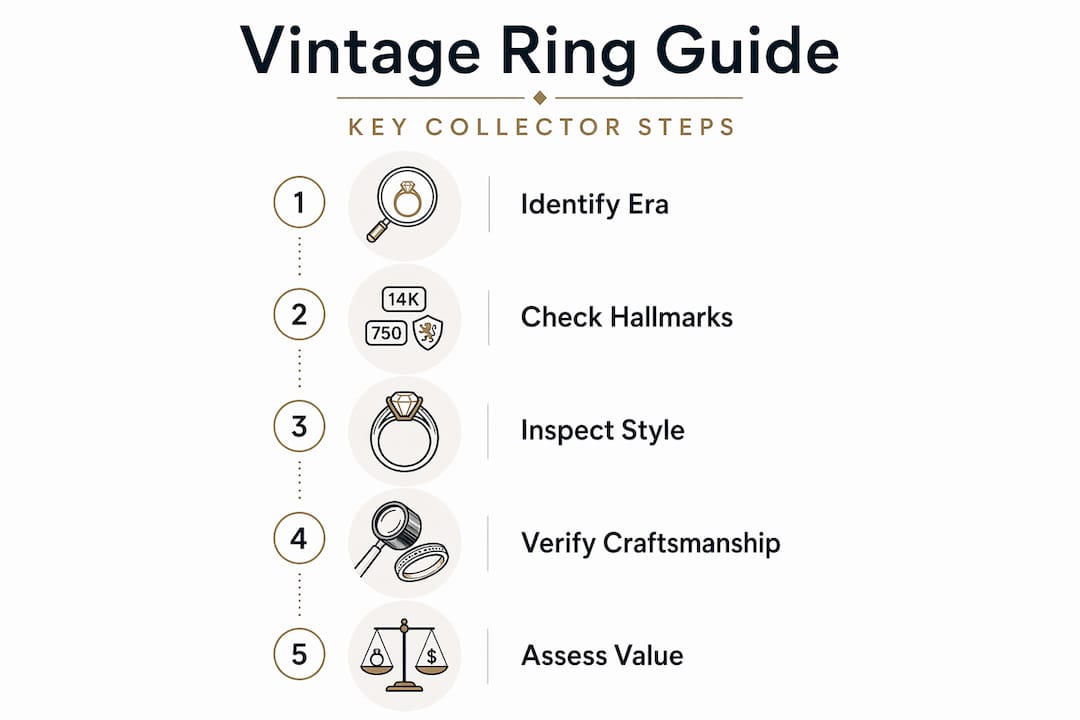 Vertical flow infographic showing key vintage ring collecting steps