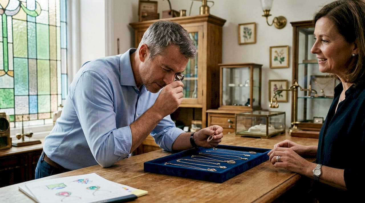 Man examining diamond necklace settings in store