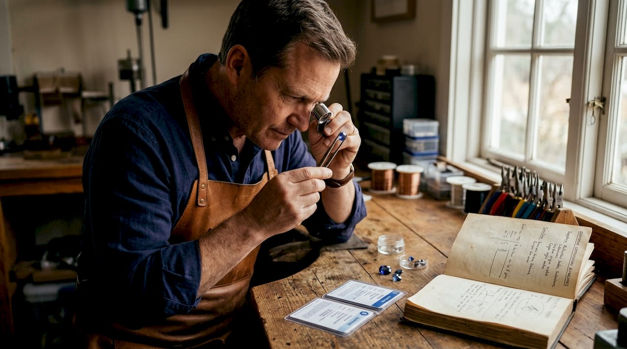 Jeweler examines gemstone for certification