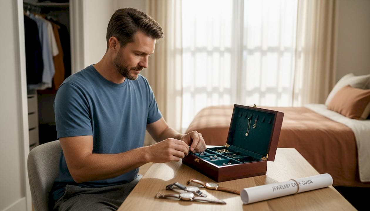 Man storing earrings in jewelry box compartments