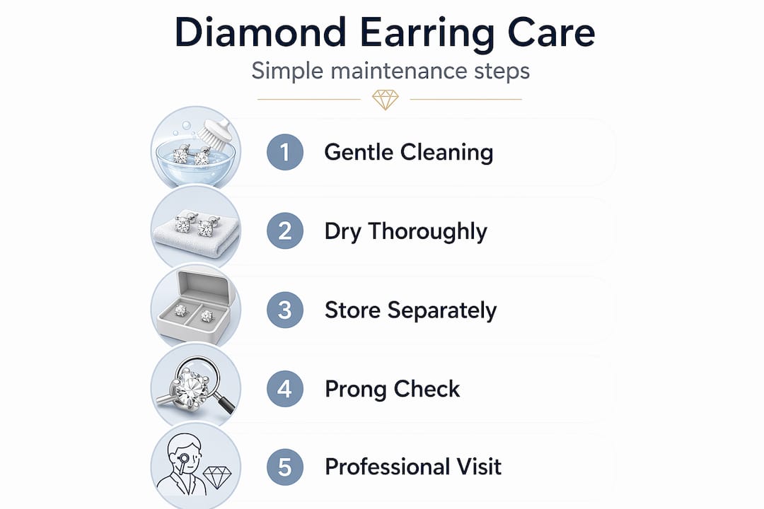 Infographic of diamond earring care steps