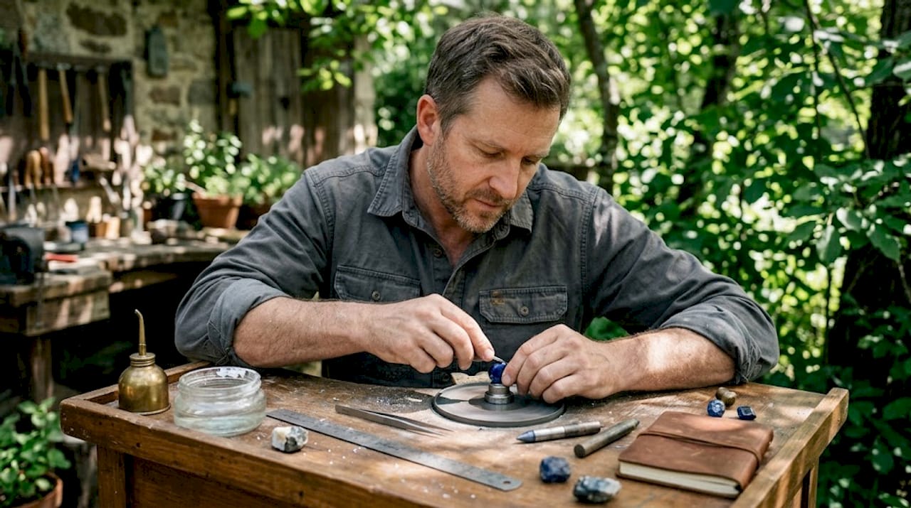 Gem cutter working with sapphire in studio