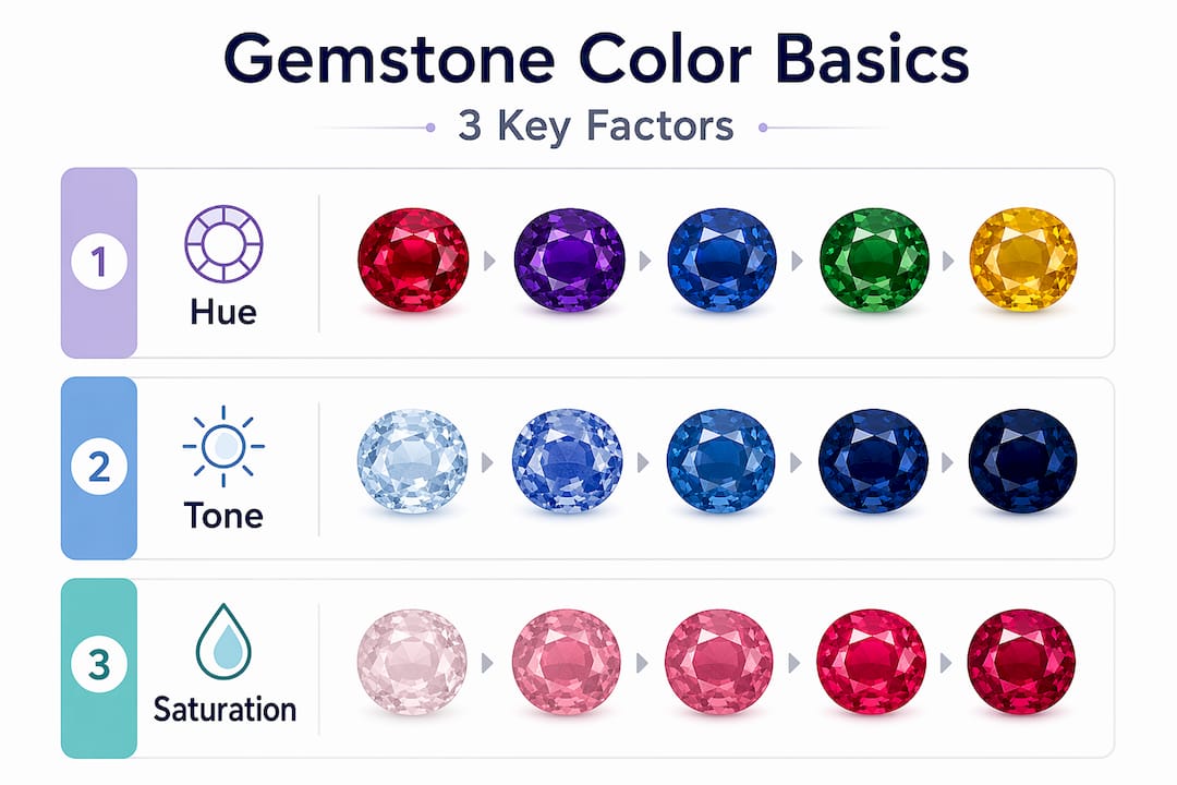 Infographic showing three key facets of gemstone color