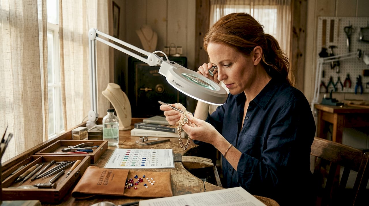 Jeweler inspecting necklace with microscope and tools