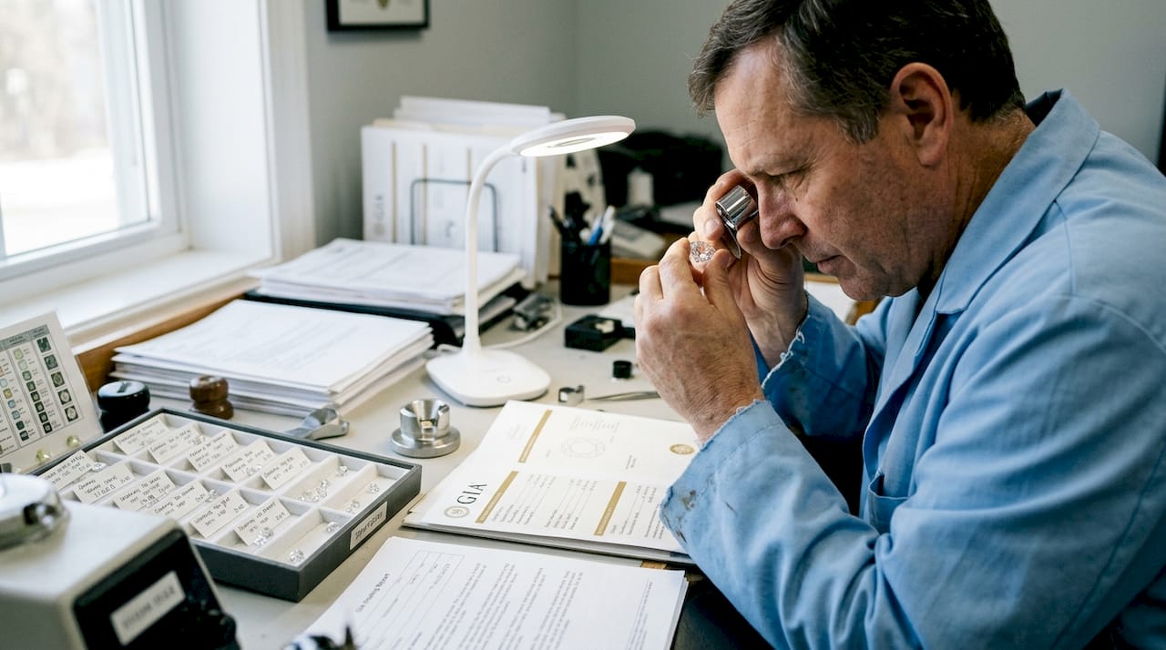 Gemologist inspecting diamond cut with grading tools