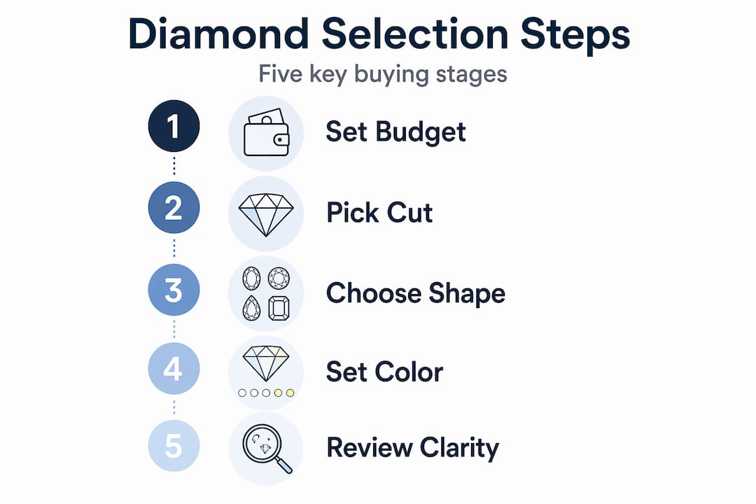 Infographic showing five diamond selection steps