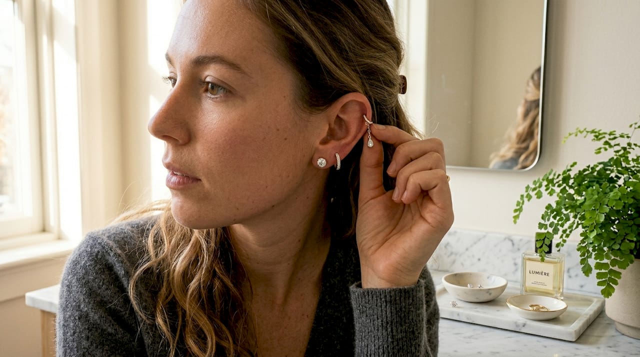 Close-up of stacked diamond earrings on ear