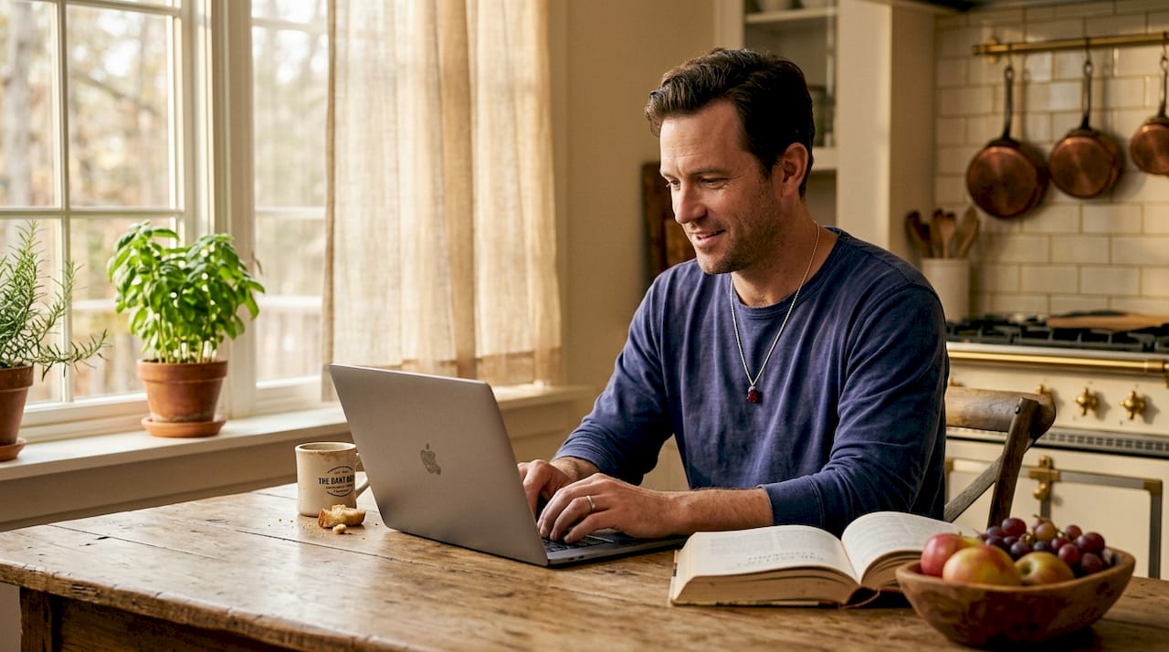 Man wearing birthstone necklace at laptop