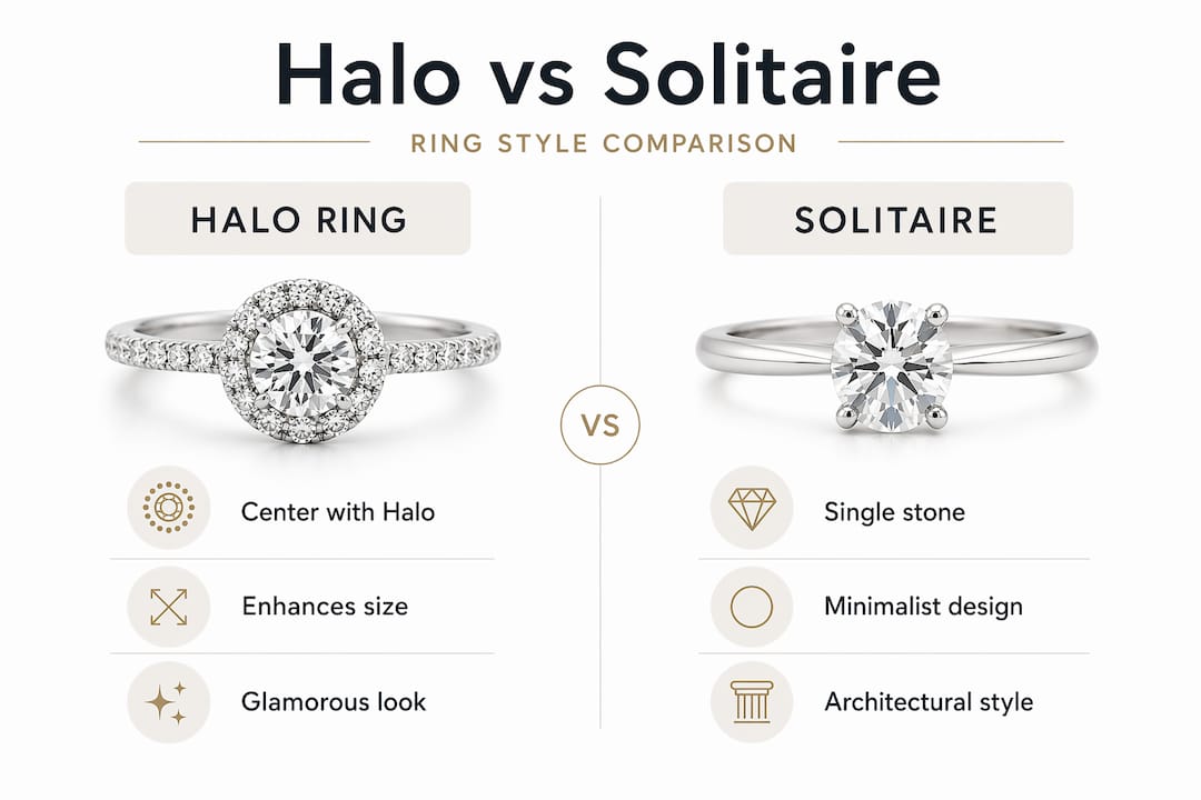 Infographic comparing halo and solitaire styles