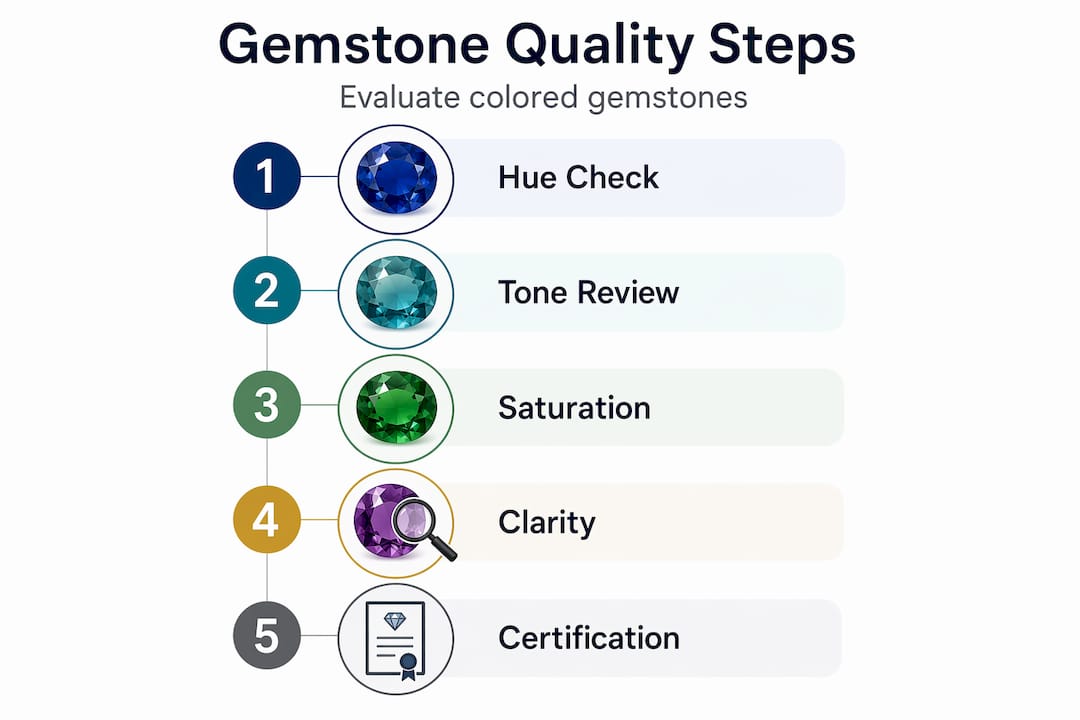 Infographic showing gemstone quality evaluation steps