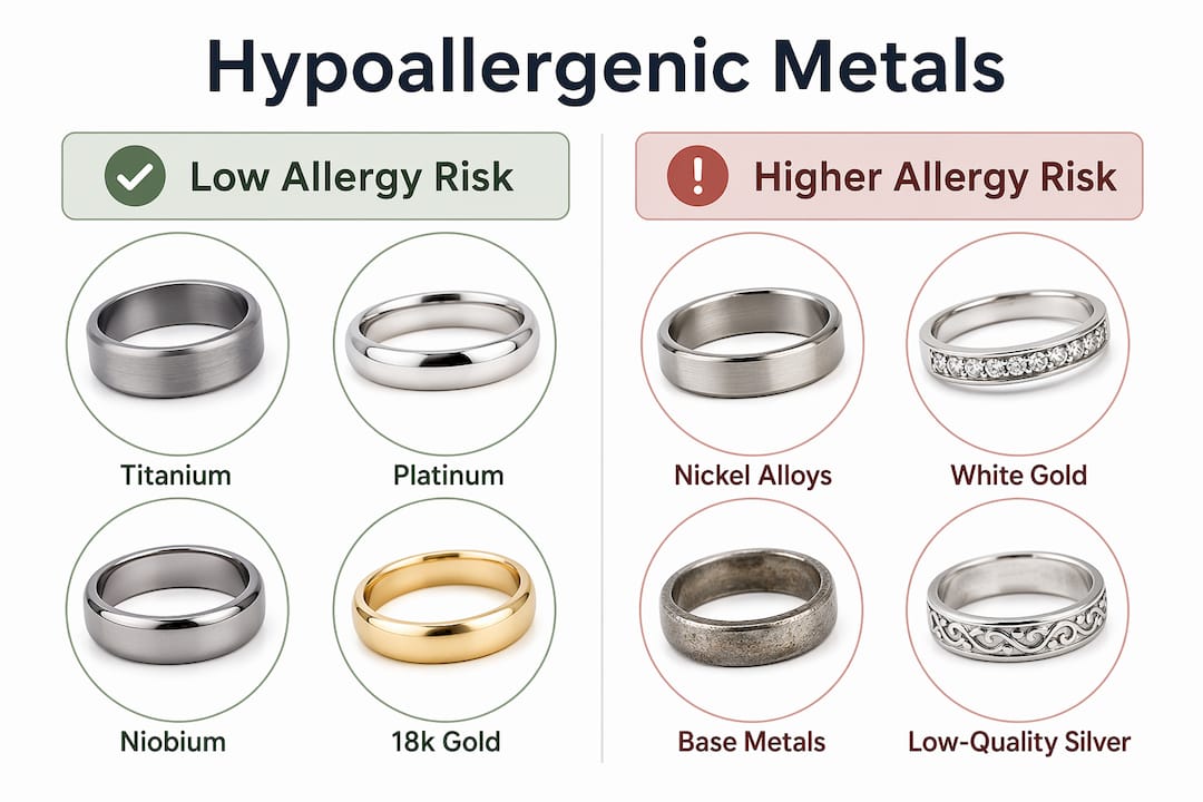 Infographic comparing hypoallergenic and allergenic jewelry metals