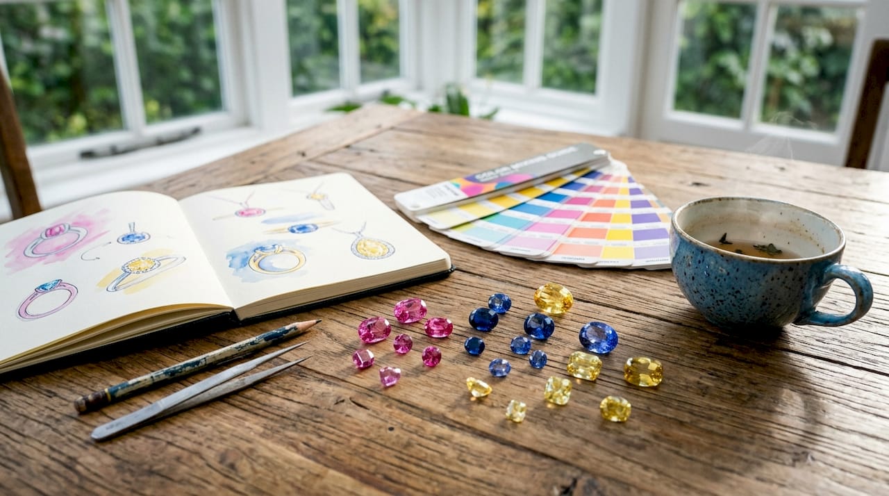 Gemstone samples and color guides on table