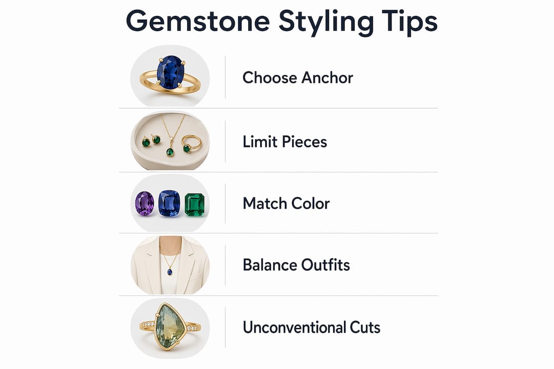 Infographic with gemstone fashion styling tips for 2026