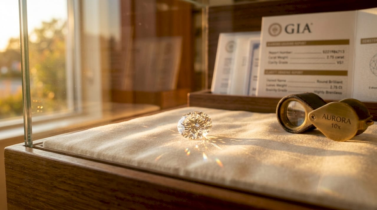 Close-up of round brilliant diamond reflecting light