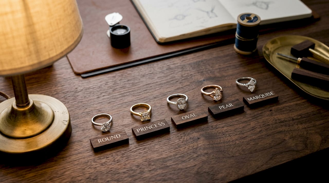 Top view of varied diamond shape rings on marble