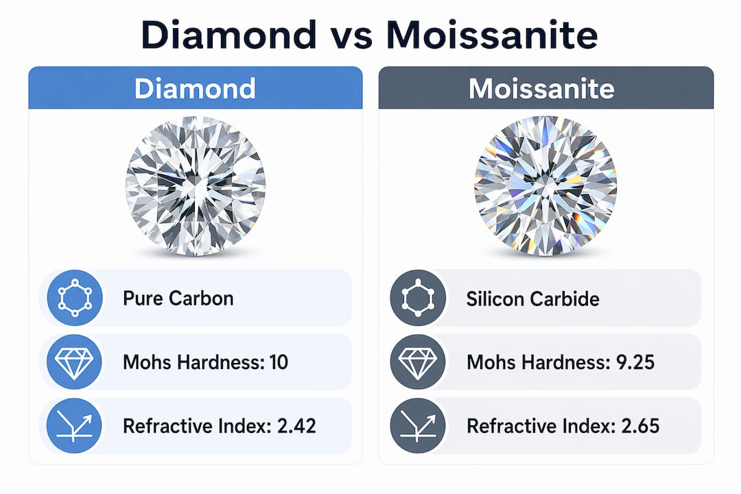 Infographic comparing diamond and moissanite key features