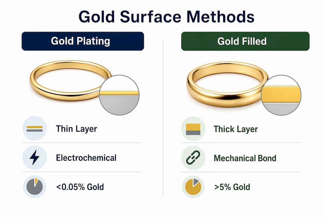 Comparison infographic of gold plating and gold filled jewelry