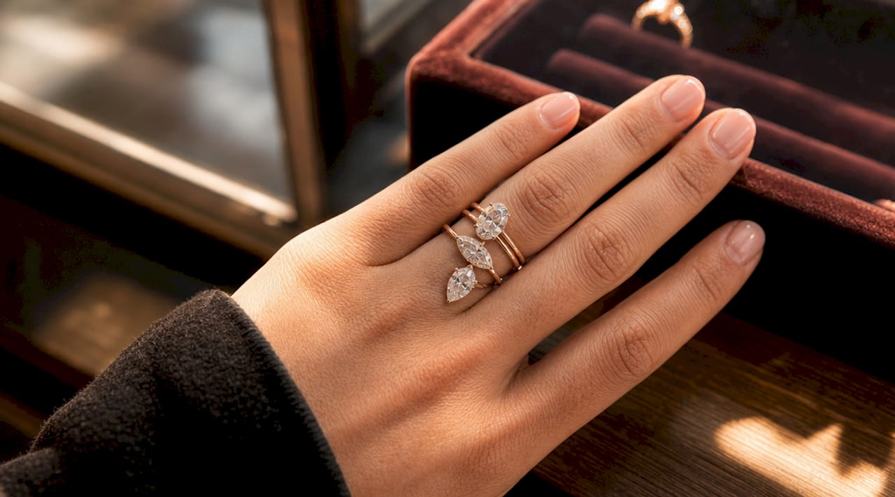 Woman's hand with oval, marquise, pear diamond rings