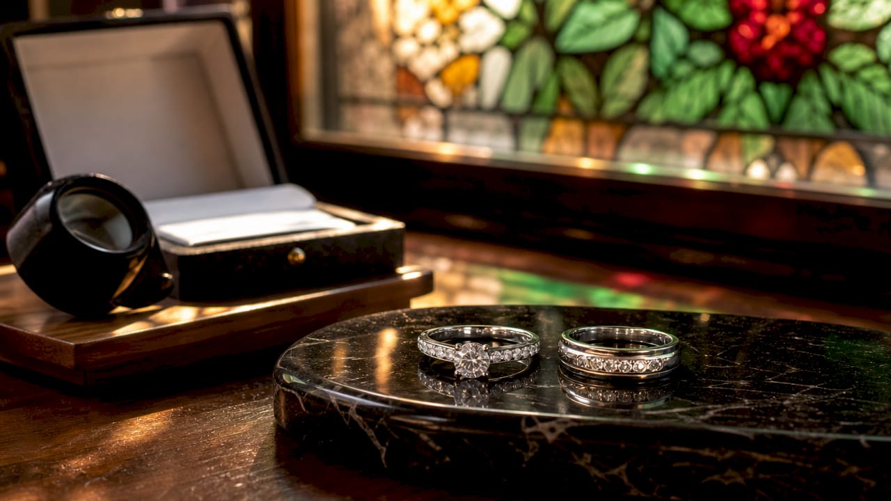 Close-up of white gold and platinum rings