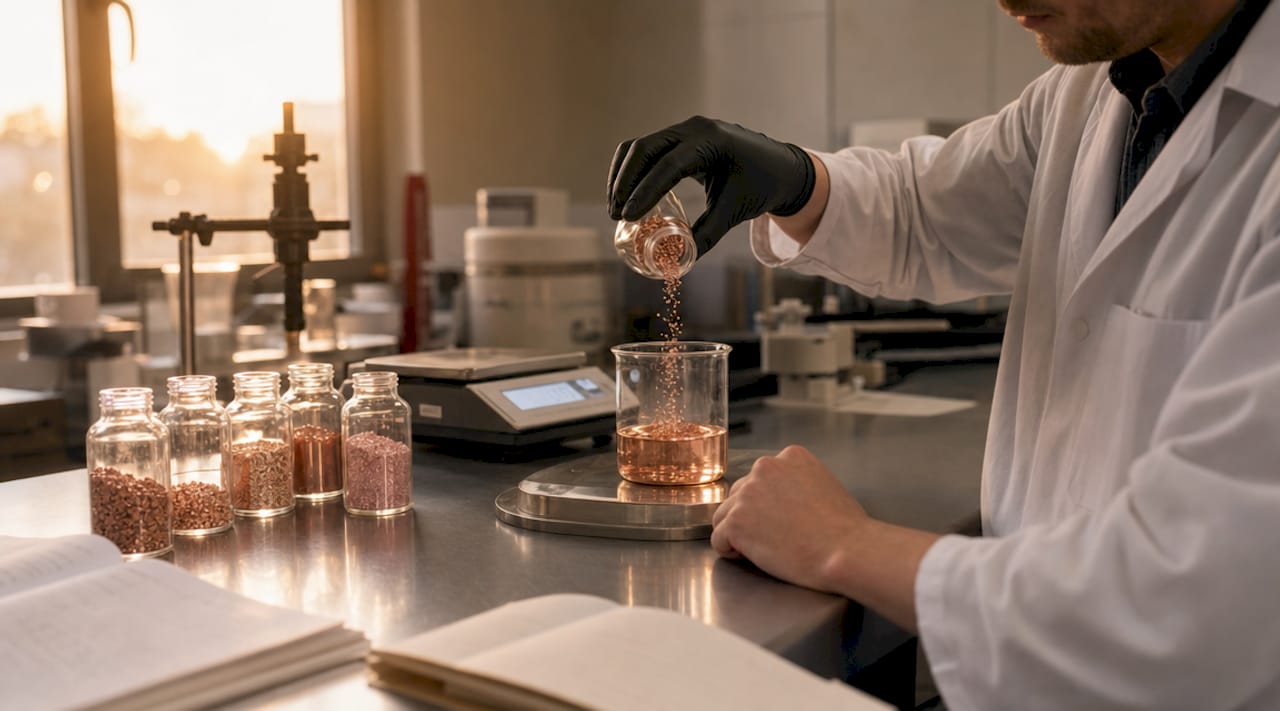 Hands mixing metals for rose gold alloy in lab