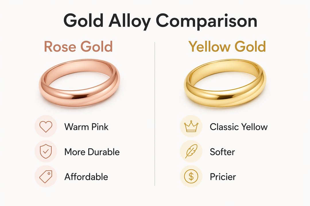 Infographic comparing rose gold and yellow gold durability and color