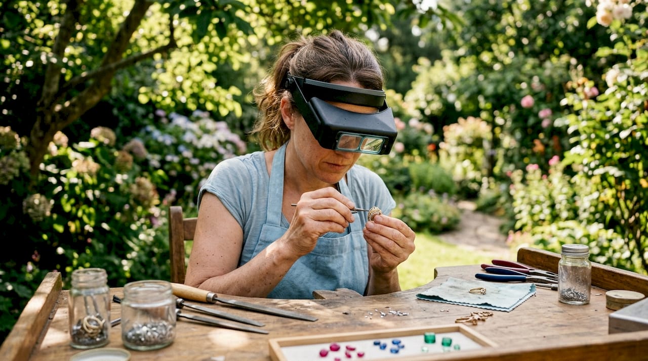 Jeweler examining gold ring in workshop