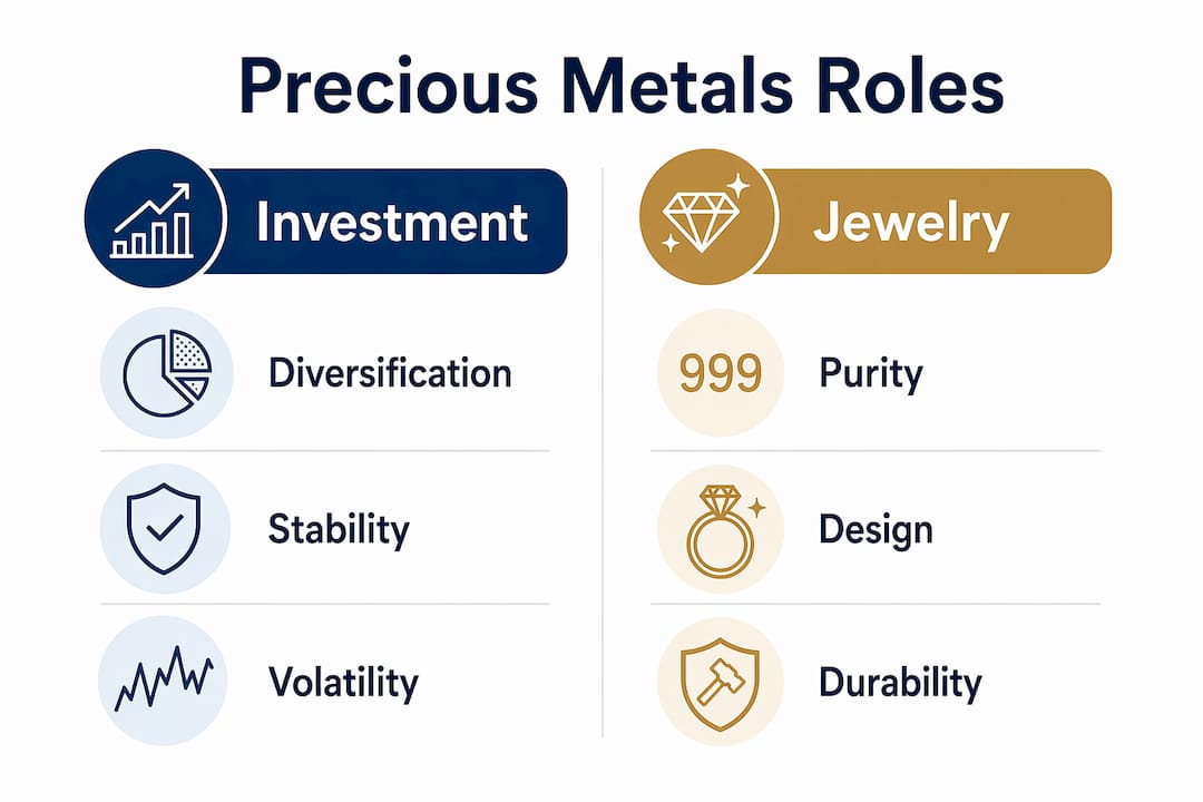 Infographic comparing precious metals roles in investment and jewelry