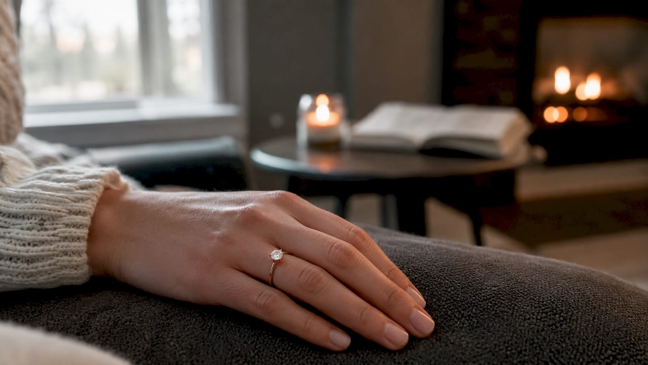 Hand wearing solitaire rose gold engagement ring