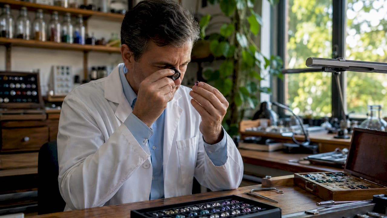 Gemologist inspecting birthstone quality under loupe