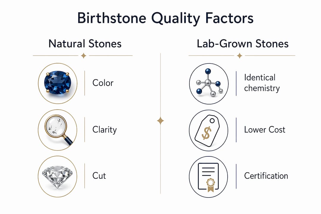 Infographic comparing natural and lab-grown birthstone quality