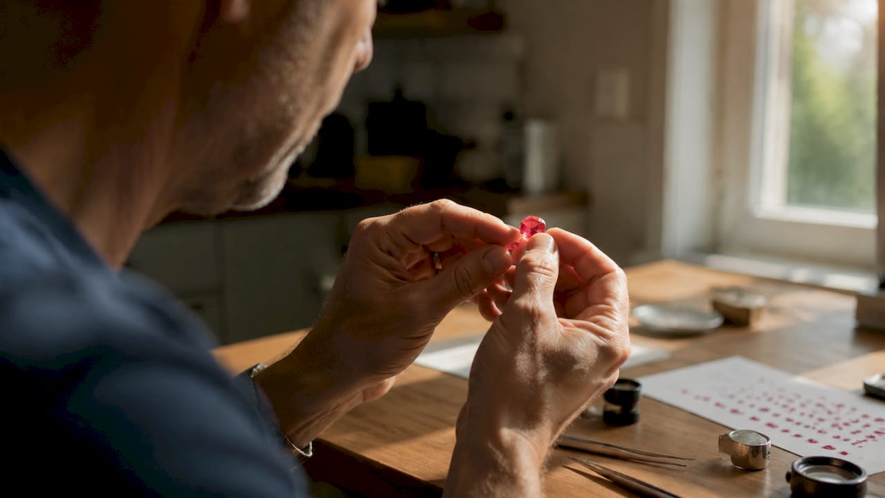 Hands inspecting ruby under light source
