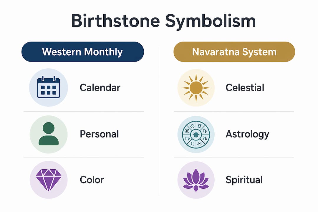 Infographic comparing Western and Navaratna birthstone symbolism