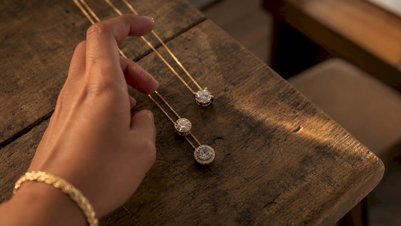 Close-up of hand holding necklace pendants with various settings