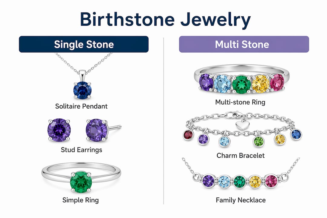 Infographic comparing single and multi-stone birthstone jewelry types