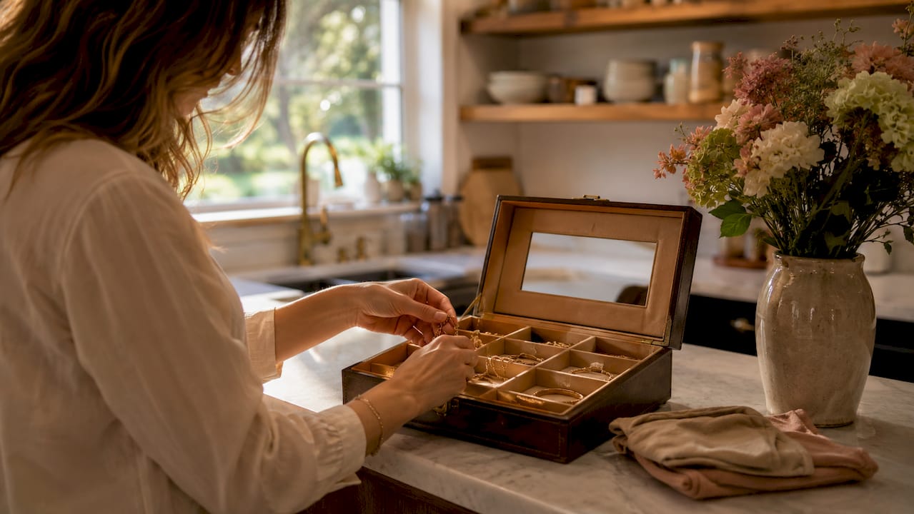 Hands placing gold jewelry into fabric-lined compartments