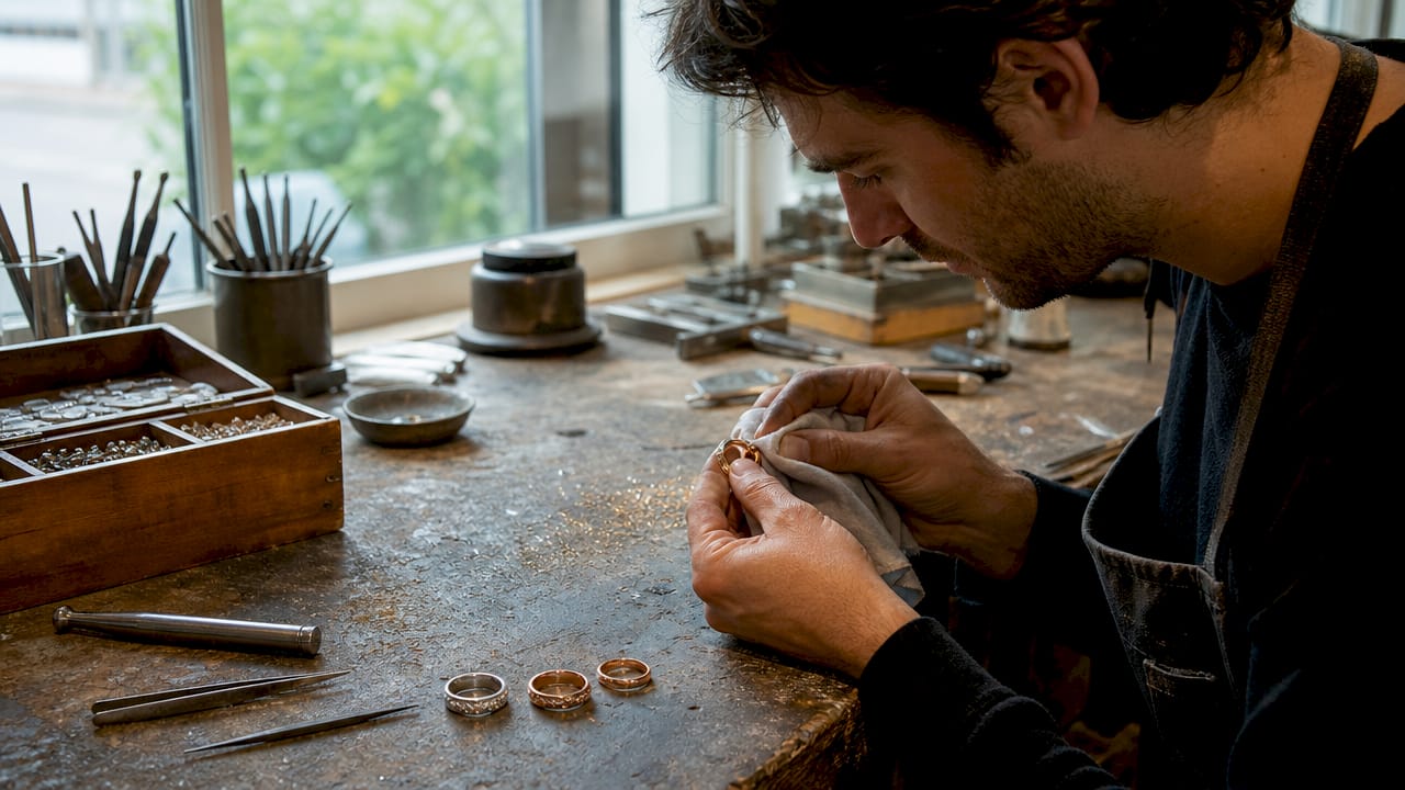 Jeweler handling various wedding band styles on workshop bench