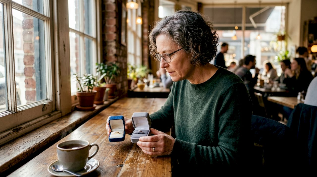 Woman comparing gold and platinum rings at desk