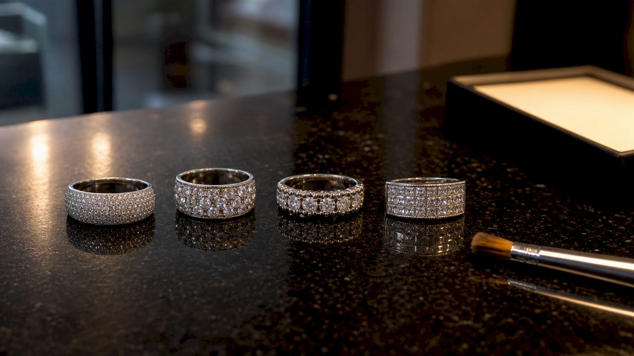Overhead view of four pavé setting ring types