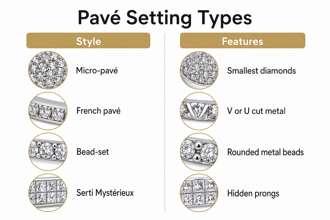 Infographic comparing main pavé setting styles